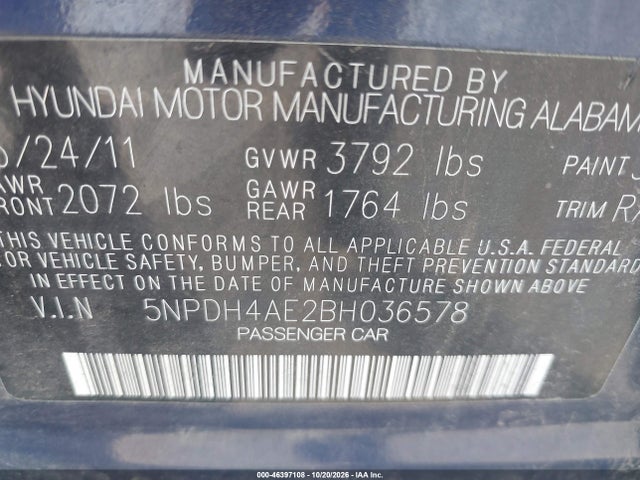 Продажа на аукционе авто 2011 Hyundai Elantra Gls, vin: 5NPDH4AE2BH036578, номер лота: 46397108
