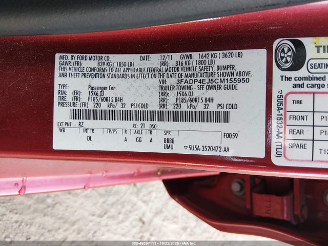 Aukcja sprzedaży 2012 Ford Fiesta Se, vin: 3FADP4EJ5CM155950, numer aukcji: 46397111