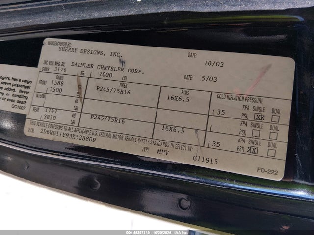 Aukcja sprzedaży 2003 Dodge Ram Van 1500 Conversion, vin: 2D6WB11Y93K528809, numer aukcji: 46397189