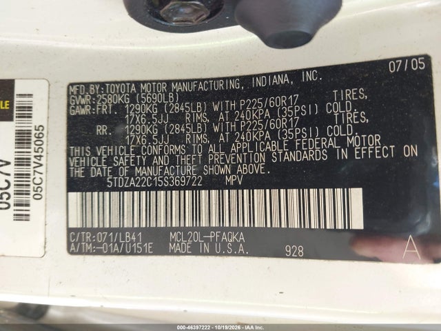 Aukcja sprzedaży 2005 Toyota Sienna Xle Limited, vin: 5TDZA22C15S369722, numer aukcji: 46397222