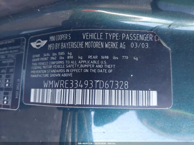 2003 Mini Cooper S მანქანა იყიდება აუქციონზე, vin: WMWRE33493TD67328, აუქციონის ნომერი: 46397226