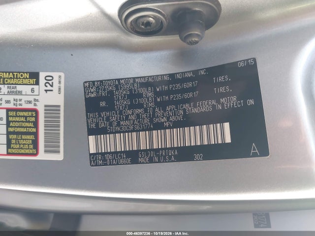 Aukcja sprzedaży 2015 Toyota Sienna Xle 8 Passenger, vin: 5TDYK3DC9FS631774, numer aukcji: 46397236