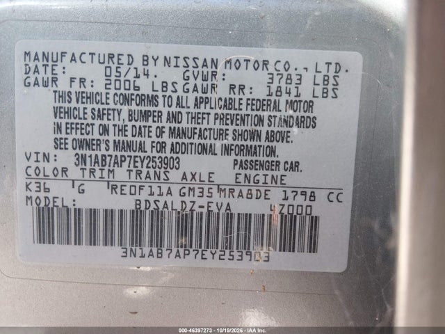 3N1AB7AP7EY253903 Nissan Sentra Fe+ S/fe+ Sv/s/sl/sr/sv