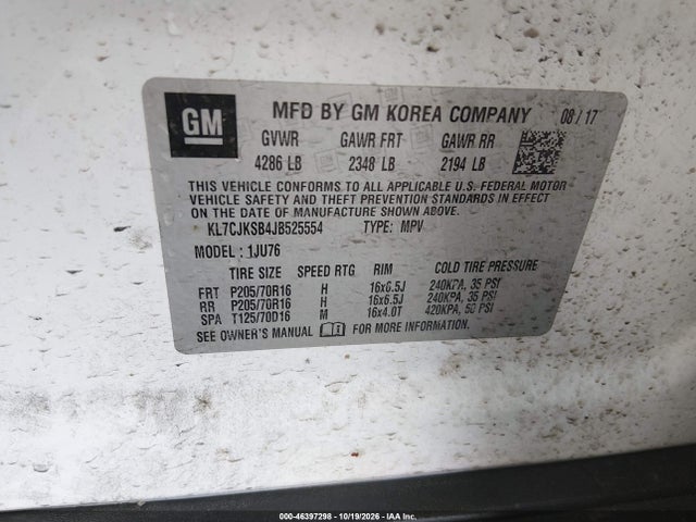 Продаж на аукціоні авто 2018 Chevrolet Trax Ls, vin: KL7CJKSB4JB525554, номер лоту: 46397298