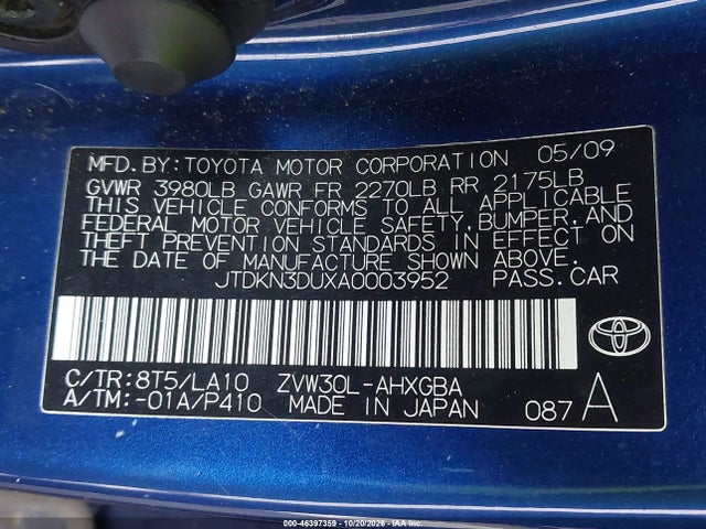 Aukcja sprzedaży 2010 Toyota Prius Iv, vin: JTDKN3DUXA0003952, numer aukcji: 46397359