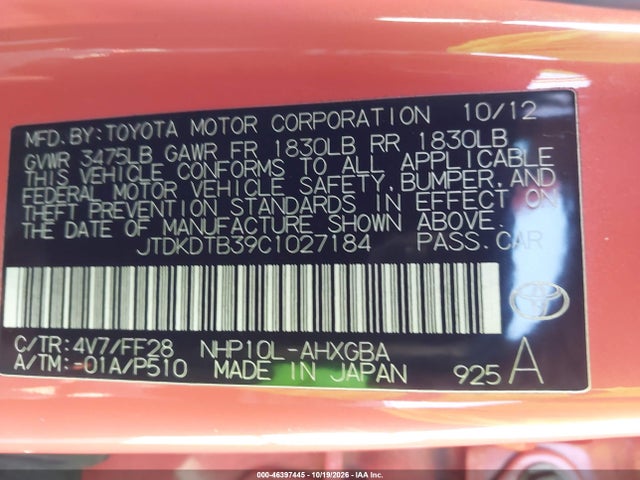 Aukcja sprzedaży 2012 Toyota Prius C Three, vin: JTDKDTB39C1027184, numer aukcji: 46397445