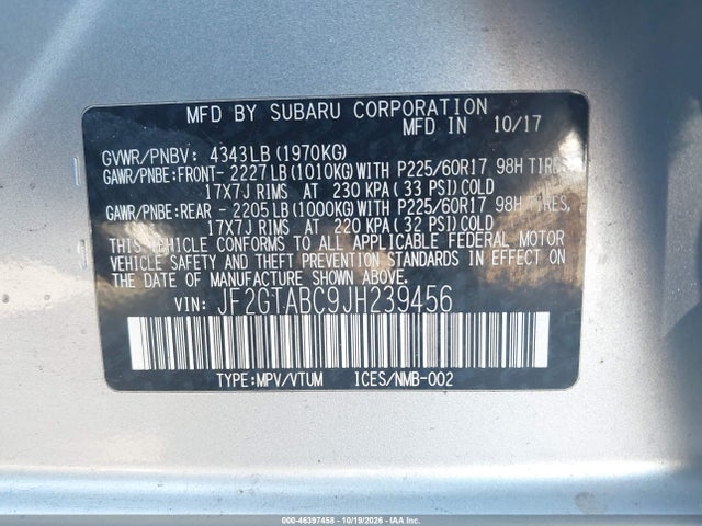 Продаж на аукціоні авто 2018 Subaru Crosstrek 2.0i Premium, vin: JF2GTABC9JH239456, номер лоту: 46397458