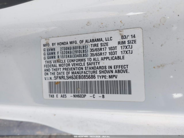 46397489 :رقم المزاد ، 5FNRL5H63EB085686 vin ، 2014 Honda Odyssey Ex-l مزاد بيع