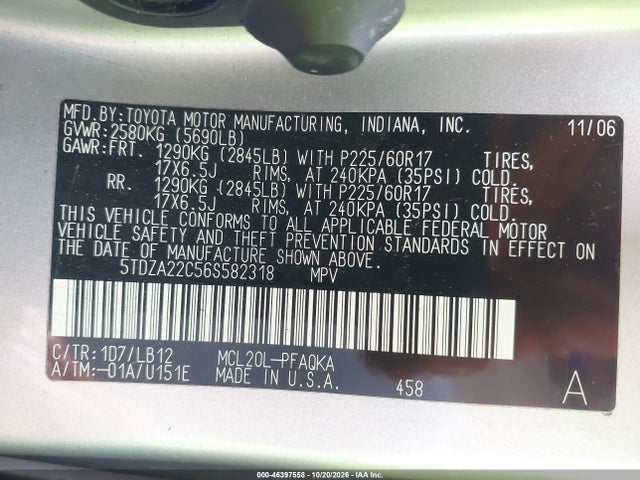 Aukcja sprzedaży 2006 Toyota Sienna Xle, vin: 5TDZA22C56S582318, numer aukcji: 46397558