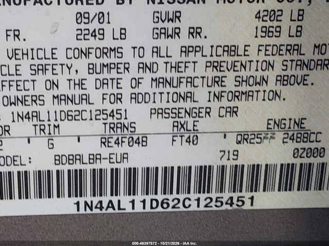 Продаж на аукціоні авто 2002 Nissan Altima 2.5 Sl, vin: 1N4AL11D62C125451, номер лоту: 46397572