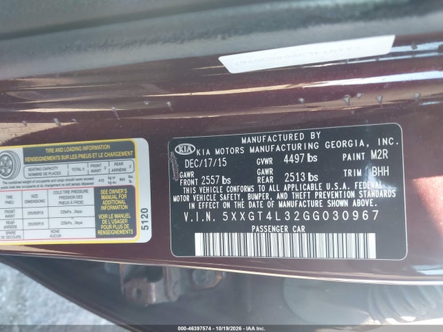2016 Kia Optima Lx მანქანა იყიდება აუქციონზე, vin: 5XXGT4L32GG030967, აუქციონის ნომერი: 46397574
