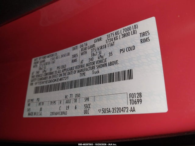 Aukcja sprzedaży 2016 Ford F-150 Xlt, vin: 1FTEW1EG0GKE46731, numer aukcji: 46397583