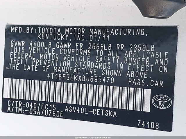 Продажа на аукционе авто 2011 Toyota Camry Se, vin: 4T1BF3EKXBU695470, номер лота: 46397607