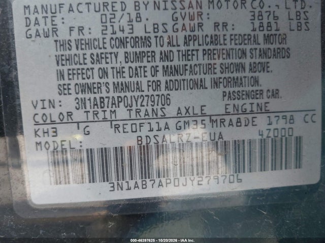46397625 :رقم المزاد ، 3N1AB7AP0JY279706 vin ، 2018 Nissan Sentra Sr مزاد بيع