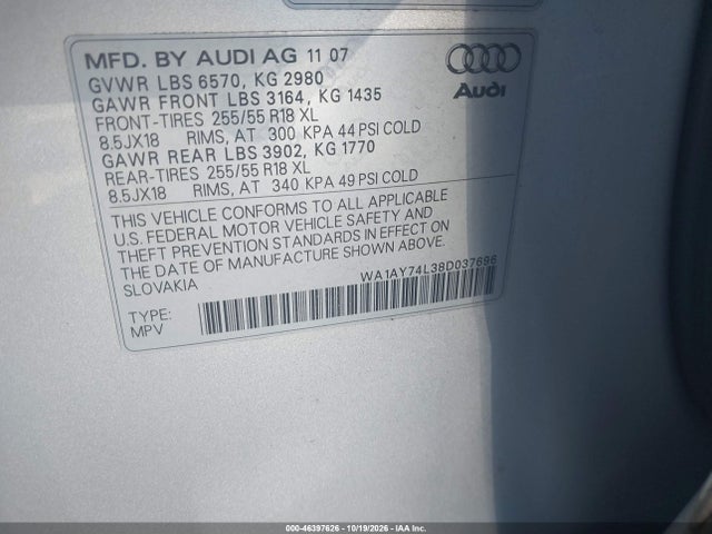 Продажа на аукционе авто 2008 Audi Q7 3.6, vin: WA1AY74L38D037696, номер лота: 46397626