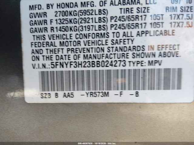 46397635 :رقم المزاد ، 5FNYF3H23BB024273 vin ، 2011 Honda Pilot Lx مزاد بيع