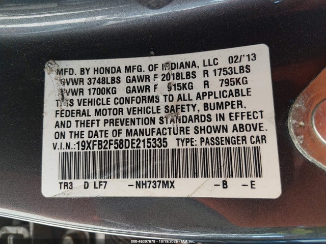 2013 Honda Civic Lx მანქანა იყიდება აუქციონზე, vin: 19XFB2F58DE215335, აუქციონის ნომერი: 46397678