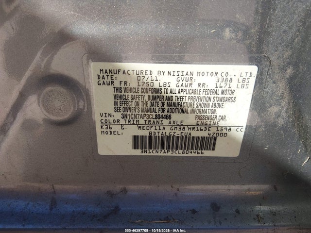 46397709 :رقم المزاد ، 3N1CN7AP3CL804466 vin ، 2012 Nissan Versa 1.6 Sl مزاد بيع