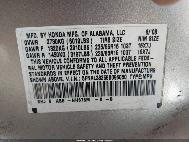 Aukcja sprzedaży 2008 Honda Odyssey Lx, vin: 5FNRL38258B096050, numer aukcji: 46397711