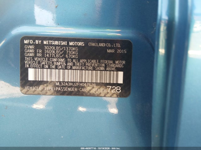 2015 Mitsubishi Mirage De მანქანა იყიდება აუქციონზე, vin: ML32A3HJ2FH047628, აუქციონის ნომერი: 46397716