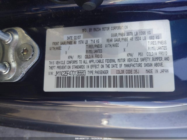 Продажа на аукционе авто 2007 Mazda Mx-5 Sport, vin: JM1NC25F470135563, номер лота: 46397721