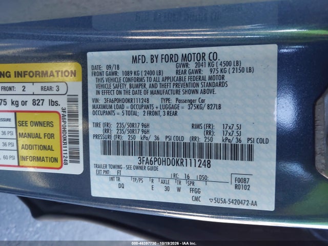 46397730 :رقم المزاد ، 3FA6P0HD0KR111248 vin ، 2019 Ford Fusion Se مزاد بيع