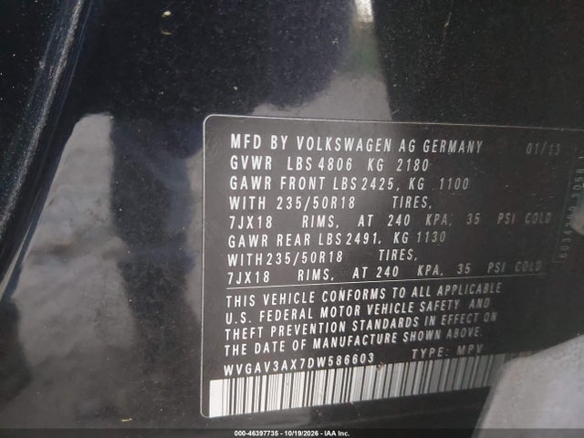 Продаж на аукціоні авто 2013 Volkswagen Tiguan Se, vin: WVGAV3AX7DW586603, номер лоту: 46397735