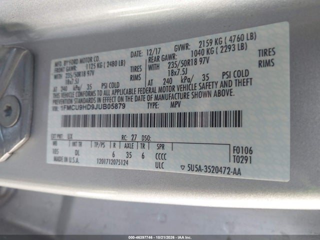 Aukcja sprzedaży 2018 Ford Escape Sel, vin: 1FMCU9HD9JUB05879, numer aukcji: 46397746