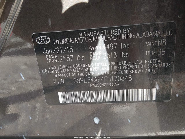 46397749 :رقم المزاد ، 5NPE34AF4FH170848 vin ، 2015 Hyundai Sonata Sport مزاد بيع