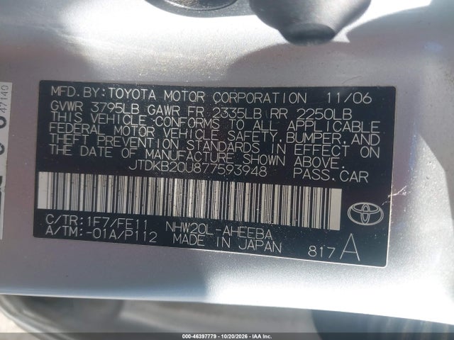 46397779 :رقم المزاد ، JTDKB20U877593948 vin ، 2007 Toyota Prius Touring مزاد بيع