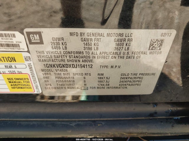 Aukcja sprzedaży 2013 Chevrolet Traverse 1lt, vin: 1GNKVGKDXDJ194112, numer aukcji: 46397785