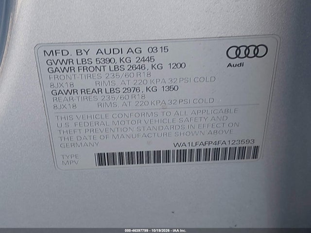 Продажа на аукционе авто 2015 Audi Q5 2.0t Premium, vin: WA1LFAFP4FA123593, номер лота: 46397799
