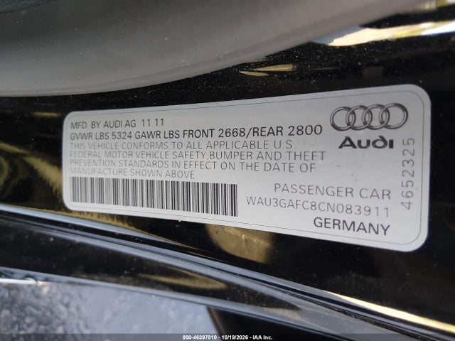 46397810 :رقم المزاد ، WAU3GAFC8CN083911 vin ، 2012 Audi A7 Premium مزاد بيع