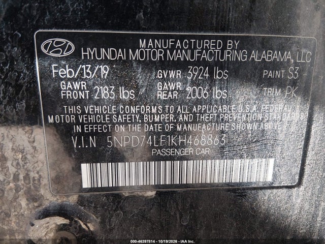 Aukcja sprzedaży 2019 Hyundai Elantra Se, vin: 5NPD74LF1KH468863, numer aukcji: 46397814