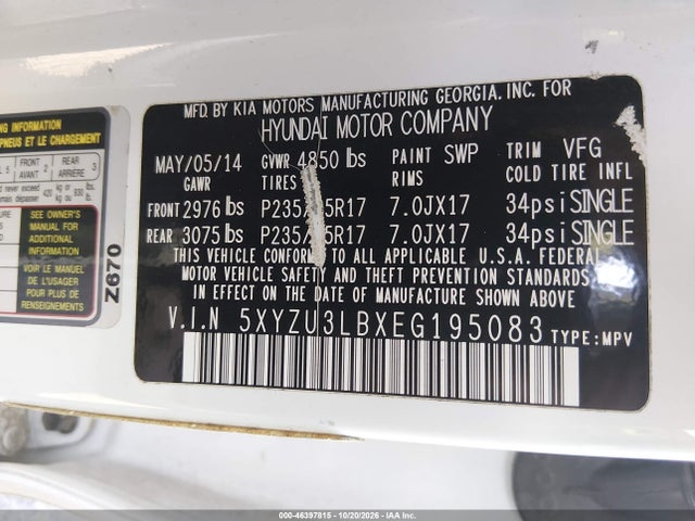 46397815 :رقم المزاد ، 5XYZU3LBXEG195083 vin ، 2014 Hyundai Santa Fe Sport 2.4l مزاد بيع