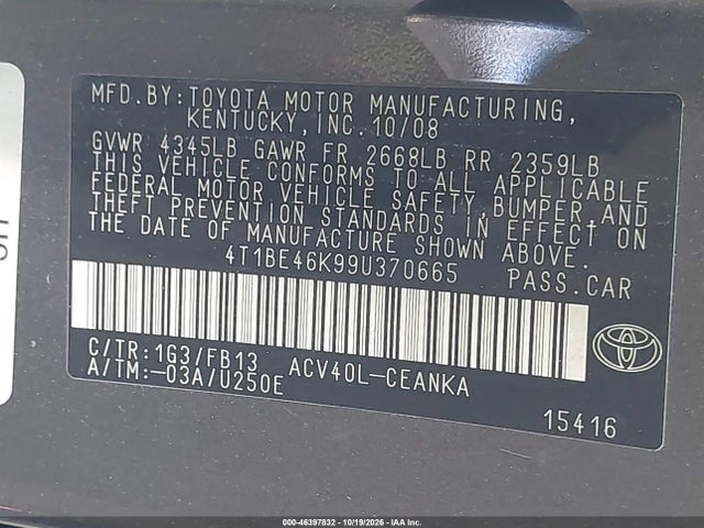 Продаж на аукціоні авто 2009 Toyota Camry Le, vin: 4T1BE46K99U370665, номер лоту: 46397832