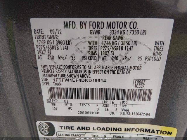 2013 Ford F-150 Xlt მანქანა იყიდება აუქციონზე, vin: 1FTFW1EF4DKD18614, აუქციონის ნომერი: 46397833