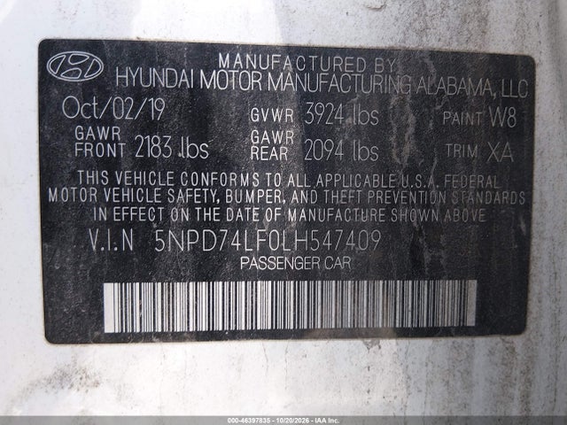46397835 :رقم المزاد ، 5NPD74LF0LH547409 vin ، 2020 Hyundai Elantra Se مزاد بيع
