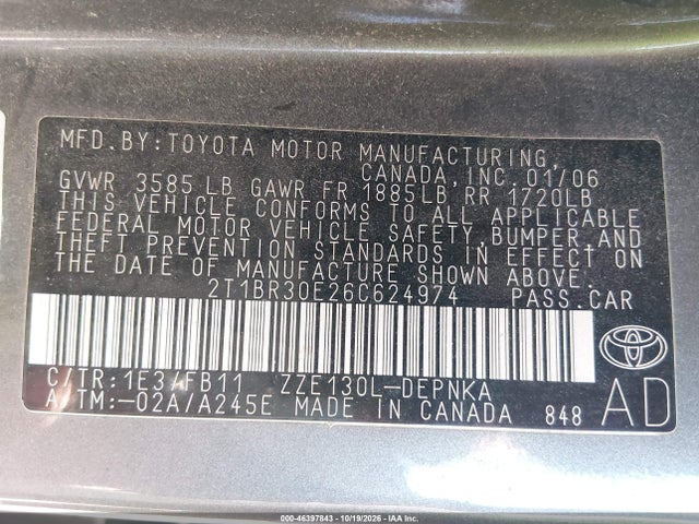46397843 :رقم المزاد ، 2T1BR30E26C624974 vin ، 2006 Toyota Corolla Le مزاد بيع