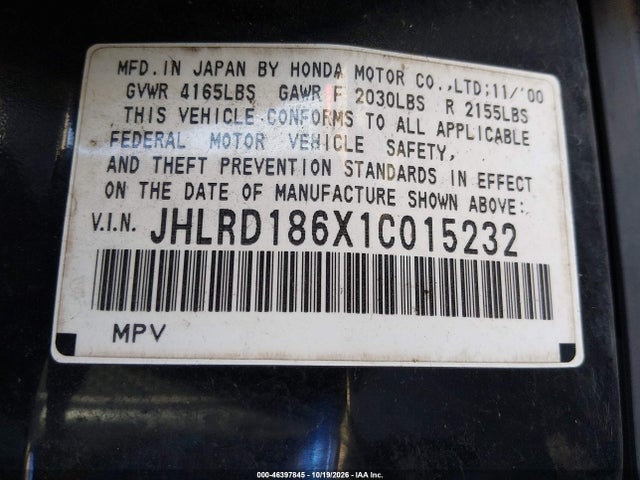 Продажа на аукционе авто 2001 Honda Cr-v Ex, vin: JHLRD186X1C015232, номер лота: 46397845