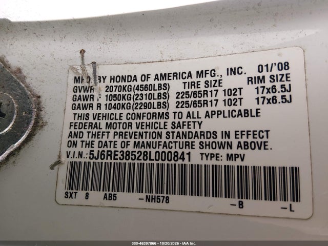 Продажа на аукционе авто 2008 Honda Cr-v Ex, vin: 5J6RE38528L000841, номер лота: 46397866