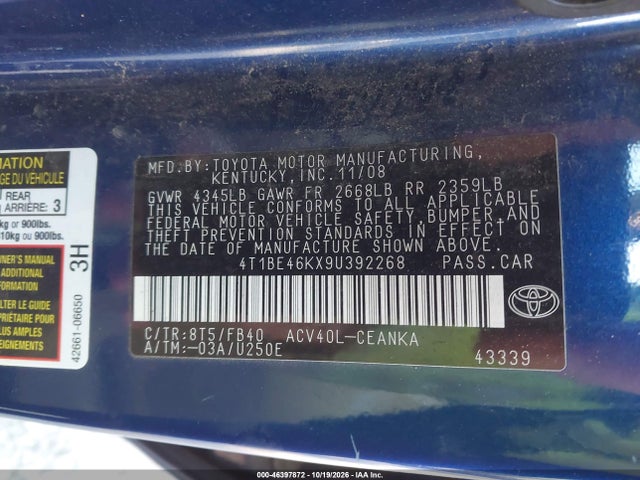 46397872 :رقم المزاد ، 4T1BE46KX9U392268 vin ، 2009 Toyota Camry مزاد بيع