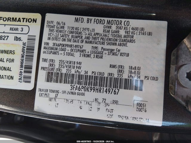 2017 Ford Fusion Titanium მანქანა იყიდება აუქციონზე, vin: 3FA6P0K99HR149767, აუქციონის ნომერი: 46397903