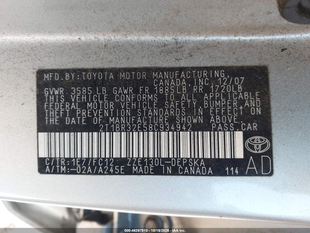 46397910 :رقم المزاد ، 2T1BR32E58C934942 vin ، 2008 Toyota Corolla S مزاد بيع