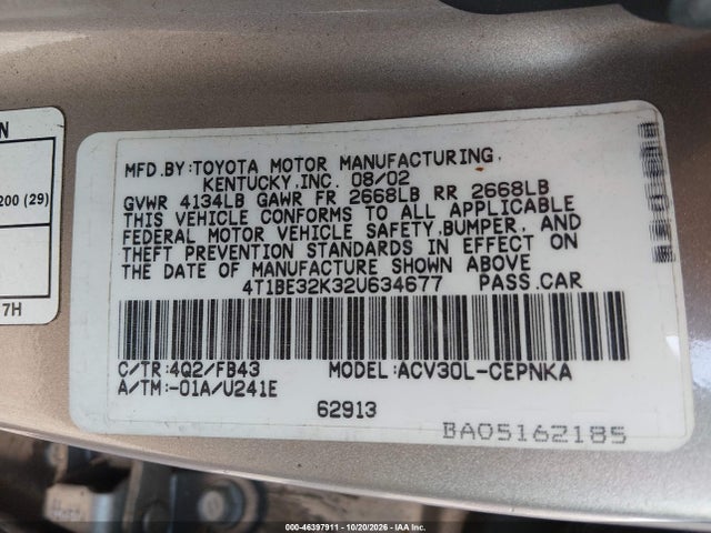 Aukcja sprzedaży 2002 Toyota Camry Le, vin: 4T1BE32K32U634677, numer aukcji: 46397911