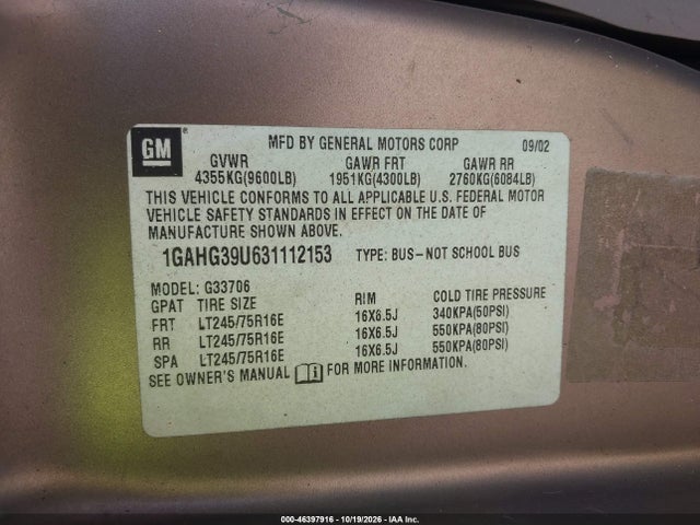 Aukcja sprzedaży 2003 Chevrolet Express, vin: 1GAHG39U631112153, numer aukcji: 46397916