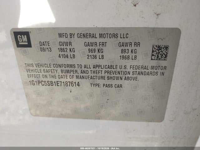 46397921 :رقم المزاد ، 1G1PC5SB1E7187614 vin ، 2014 Chevrolet Cruze 1lt Auto مزاد بيع