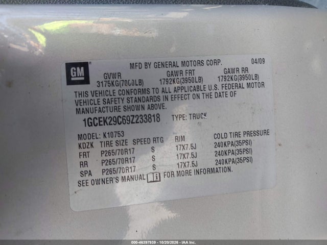 Aukcja sprzedaży 2009 Chevrolet Silverado 1500 Lt, vin: 1GCEK29C69Z233818, numer aukcji: 46397939