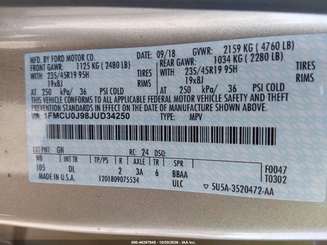 Aukcja sprzedaży 2018 Ford Escape Titanium, vin: 1FMCU0J98JUD34250, numer aukcji: 46397945