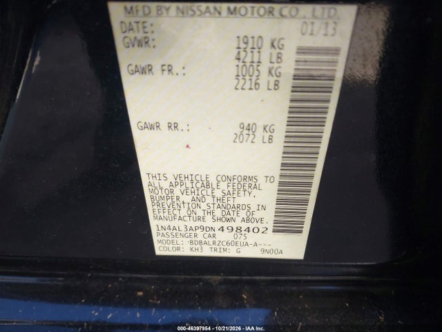 46397954 :رقم المزاد ، 1N4AL3AP9DN498402 vin ، 2013 Nissan Altima 2.5 S مزاد بيع